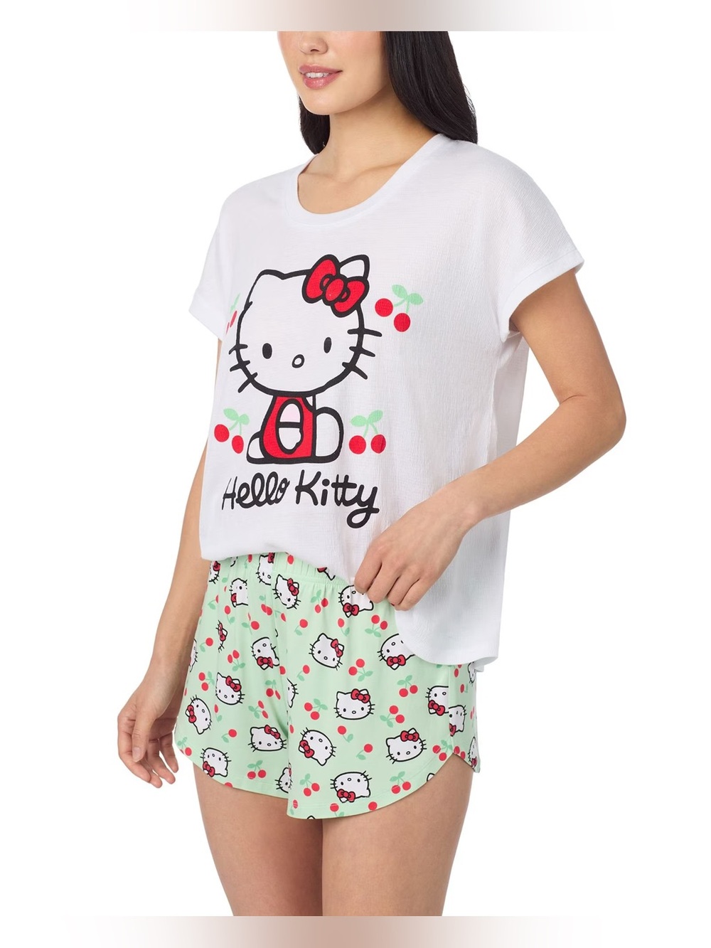 Sanrio Hello Kitty White Tee Mint Cherry Print Shorts Adult size M (8-10) New